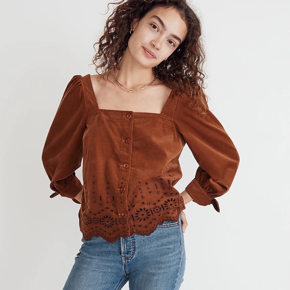 Madewell - like new - Size S Embroidered Eyelet Corduroy Tie-Sleeve Top